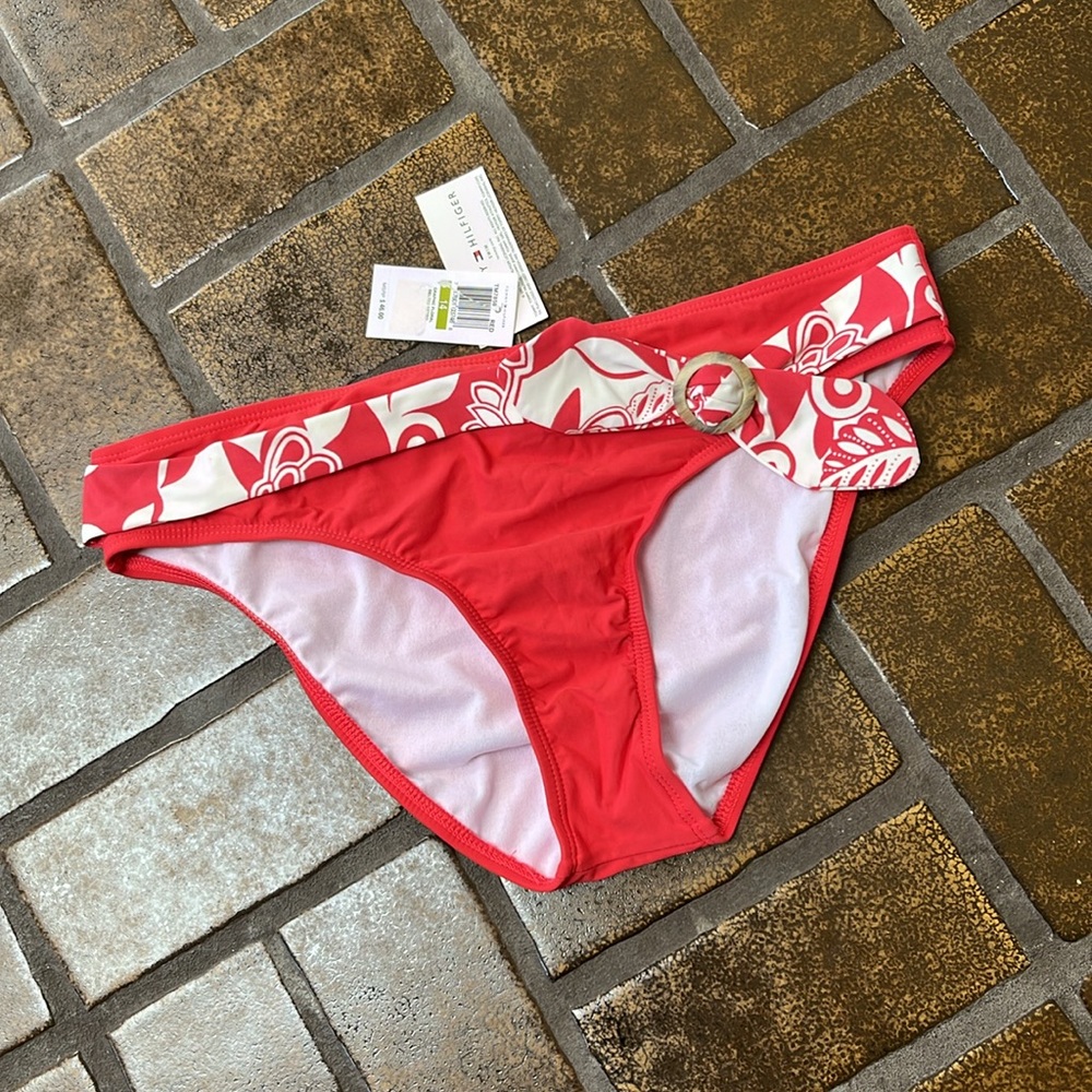 NWT Tommy Hilfiger Red Floral Belted Retro Hipster Swim Bottoms